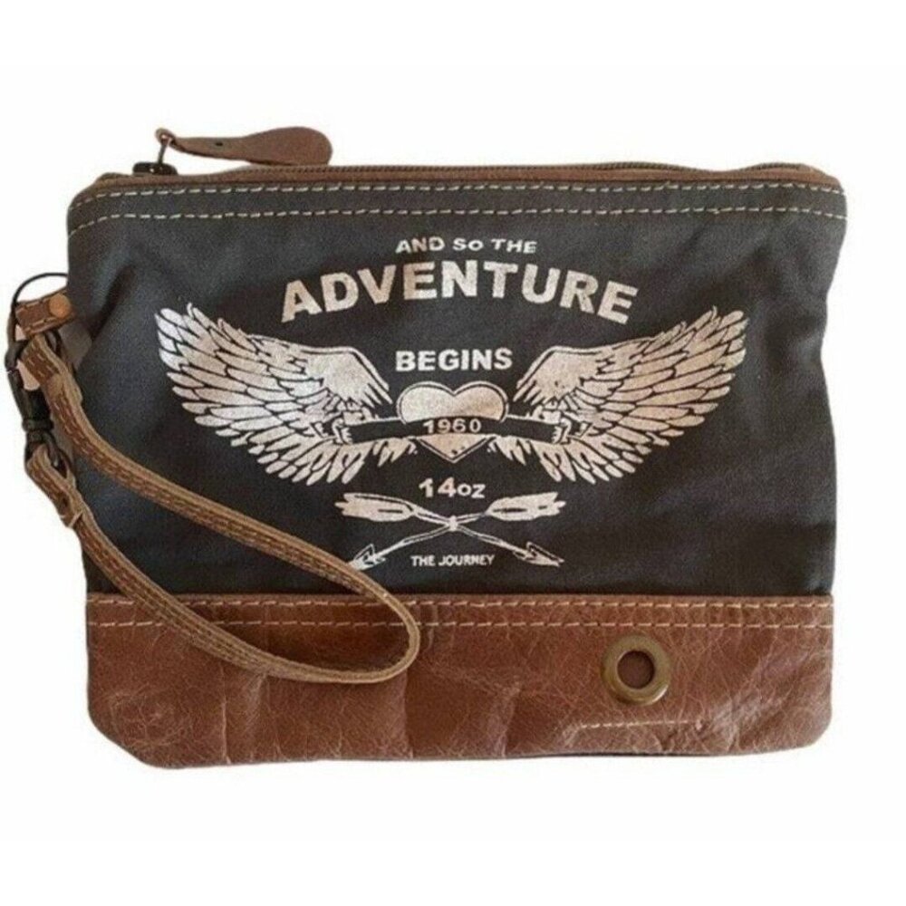 Myra Adventure Begins Bag Canvas Leather  Travelers Pouch Wristlet Small